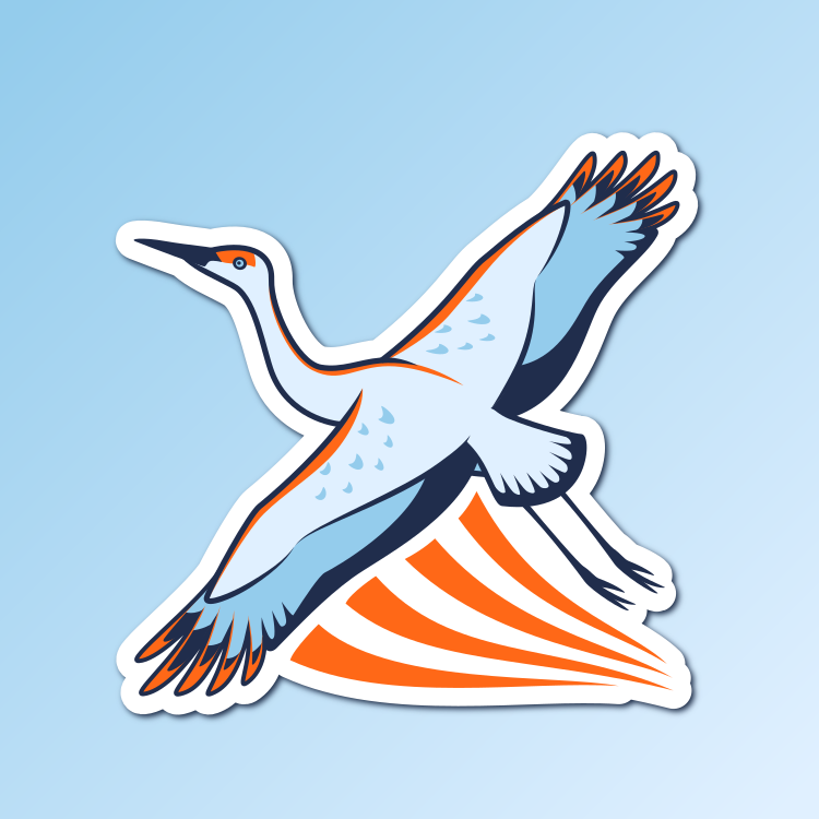 An abstract flat color illustration of a sandhill crane, with a color scheme of light blue and bright orange