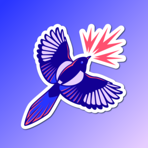 An abstract flat color illustration of a black-billed magpie, with a color scheme of vivid indigo and bright red-orange