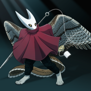 Fullbody illustration of an anthro gryphon dressed as the character Hornet from the game Hollow Knight Silksong. He wears a white mask with horns and a billowing red cloak, and holds a spool of glowing silk tied to an enormous needle in his other hand.