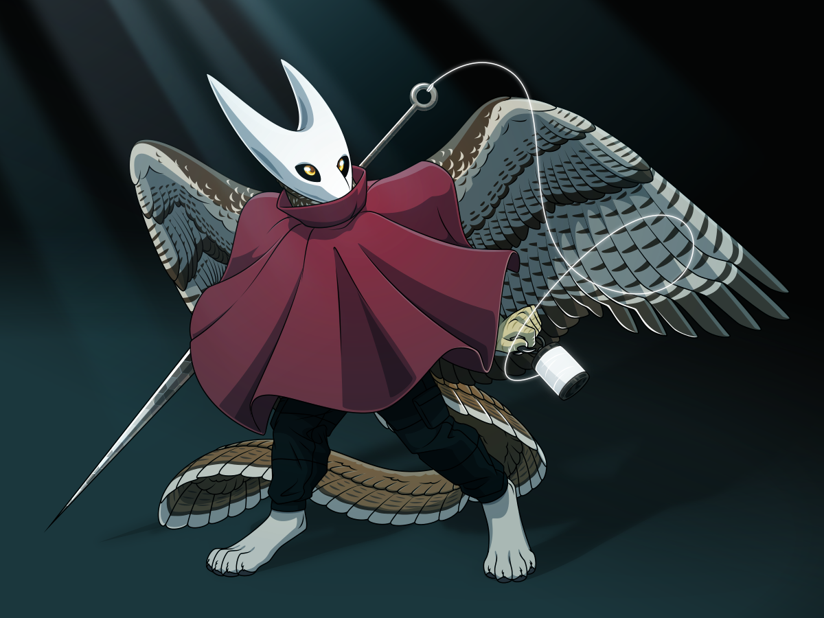 Fullbody illustration of an anthro gryphon dressed as the character Hornet from the game Hollow Knight Silksong. He wears a white mask with horns and a billowing red cloak, and holds a spool of glowing silk tied to an enormous needle in his other hand.