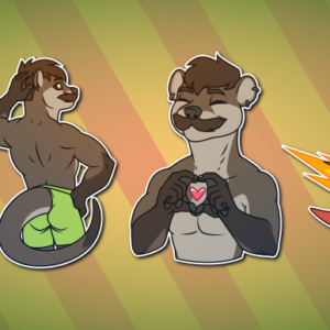 Telegram stickers of an anthro otter with a moustache. In them, he wears glasses and looks off to one side thoughtfully and slightly coy; poses to flex and show off his back muscles; looks happy and makes a heart shape with his hands; and rides on a toony rocket with a space suit on and stars in his eyes.