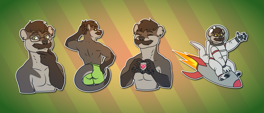 Telegram stickers of an anthro otter with a moustache. In them, he wears glasses and looks off to one side thoughtfully and slightly coy; poses to flex and show off his back muscles; looks happy and makes a heart shape with his hands; and rides on a toony rocket with a space suit on and stars in his eyes.