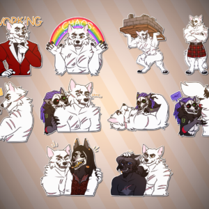 Telegram stickers of a scar-covered anthro white wolf. In the top row, he smugly adjusts his tie in a red suit with white accents with the text "working" behind him; spreads an imaginary rainbow over his head containing the word "chaos"; in werewolf form, lifts a pallet of cinder blocks above his head; and proudly wears a kilt in his werewolf form. In the second row, he appears with Vokun, an anthro wolf with a skull for a face. In these, he pins her against a wall and tells her to behave, as she looks at him completely unbothered; she bites his shoulder as he growls playfully; she sleeps on top of him in his werewolf form; and she lifts up his tail to reveal his butt, while exclaiming "cake!" In the third row, he shares a laugh with Dom, a fancily-dressed skull-faced anthro; and ruffles the hair of fellow anthro wolf Connor, who looks annoyed.