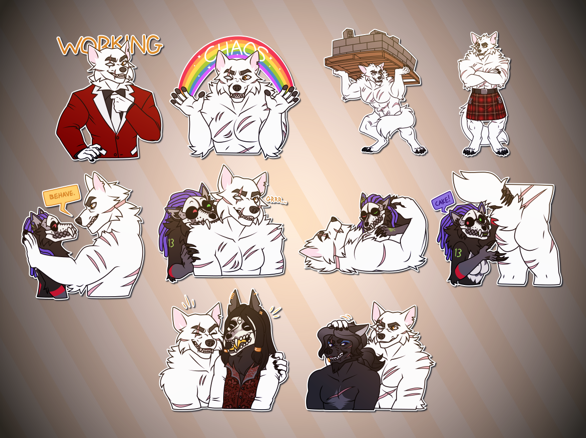 Telegram stickers of a scar-covered anthro white wolf. In the top row, he smugly adjusts his tie in a red suit with white accents with the text "working" behind him; spreads an imaginary rainbow over his head containing the word "chaos"; in werewolf form, lifts a pallet of cinder blocks above his head; and proudly wears a kilt in his werewolf form.

In the second row, he appears with Vokun, an anthro wolf with a skull for a face. In these, he pins her against a wall and tells her to behave, as she looks at him completely unbothered; she bites his shoulder as he growls playfully; she sleeps on top of him in his werewolf form; and she lifts up his tail to reveal his butt, while exclaiming "cake!"

In the third row, he shares a laugh with Dom, a fancily-dressed skull-faced anthro; and ruffles the hair of fellow anthro wolf Connor, who looks annoyed.