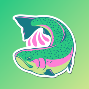 An abstract flat color illustration of a Columbia River redband trout, with a color scheme of bright shades of green and bright pink