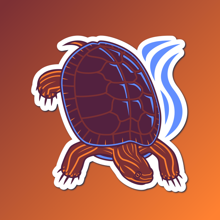 An abstract flat color illustration of a western painted turtle, with a color scheme of deep reds and orange and vivid blue