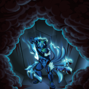 Vector art of an anthro kitsune wearing futuristic armor and holding a sword in guard position. She's surrounded by an encroaching cloudy void, held at bay only by the light of her aurora-like frost magic which emanates from her tails and sword blade. Her armor is cracked, bent, and torn off in multiple places, and she's sealed her bloody wounds with ice crystals.
