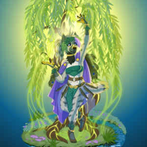 Vector art of an anthro striped hyena wearing a green and purple nature-inspired outfit with various leaves, flowers, feathers, and gold jewellry. She summons glowing yellow-green magic around her to empower and grow a willow tree behind her. Around her is soft grass, assorted flowers, and a small stream.