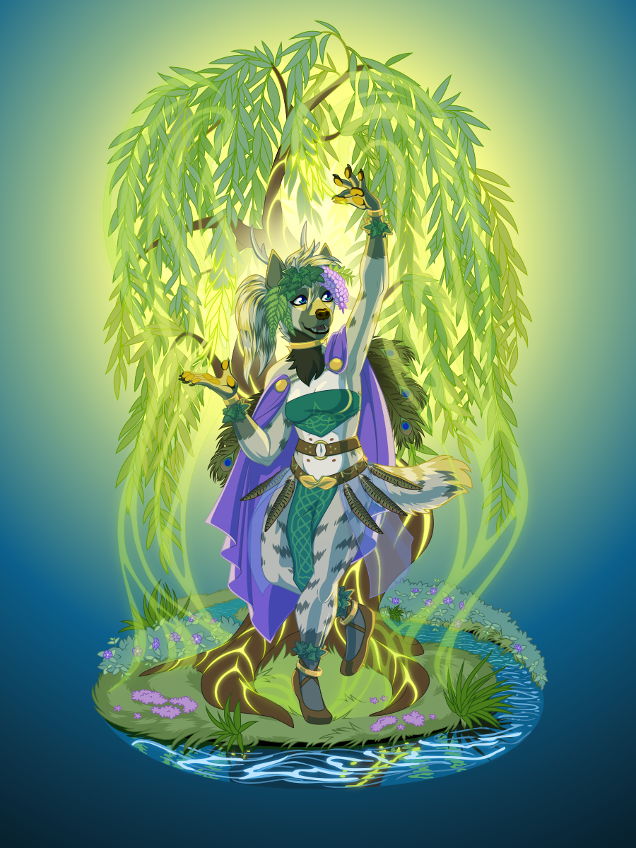 Vector art of an anthro striped hyena wearing a green and purple nature-inspired outfit with various leaves, flowers, feathers, and gold jewelry. She summons glowing yellow-green magic around her to empower and grow a willow tree behind her. Around her is soft grass, assorted flowers, and a small stream.